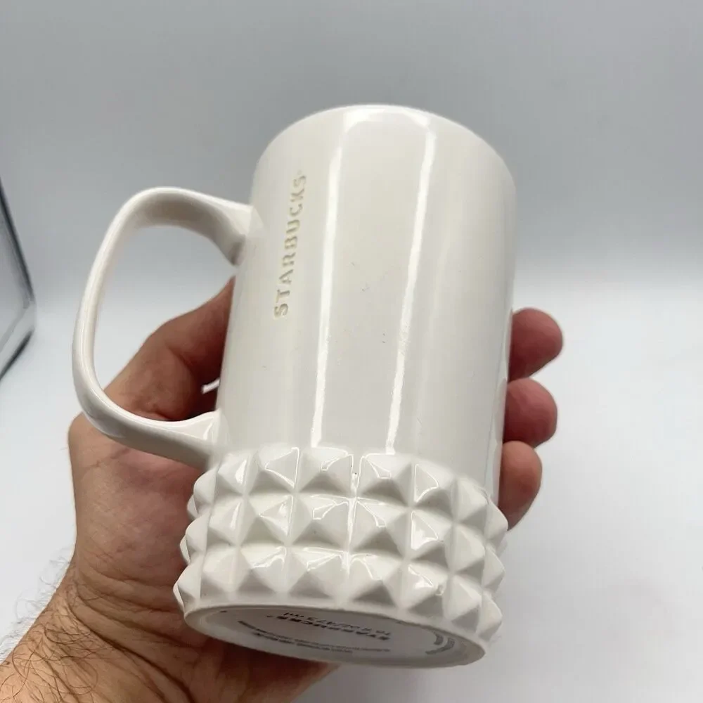 STARBUCKS COFFEE 2014 Tall White Mug Cup Mirror Label Hobnail Base 16 Oz - Picture 9 of 11